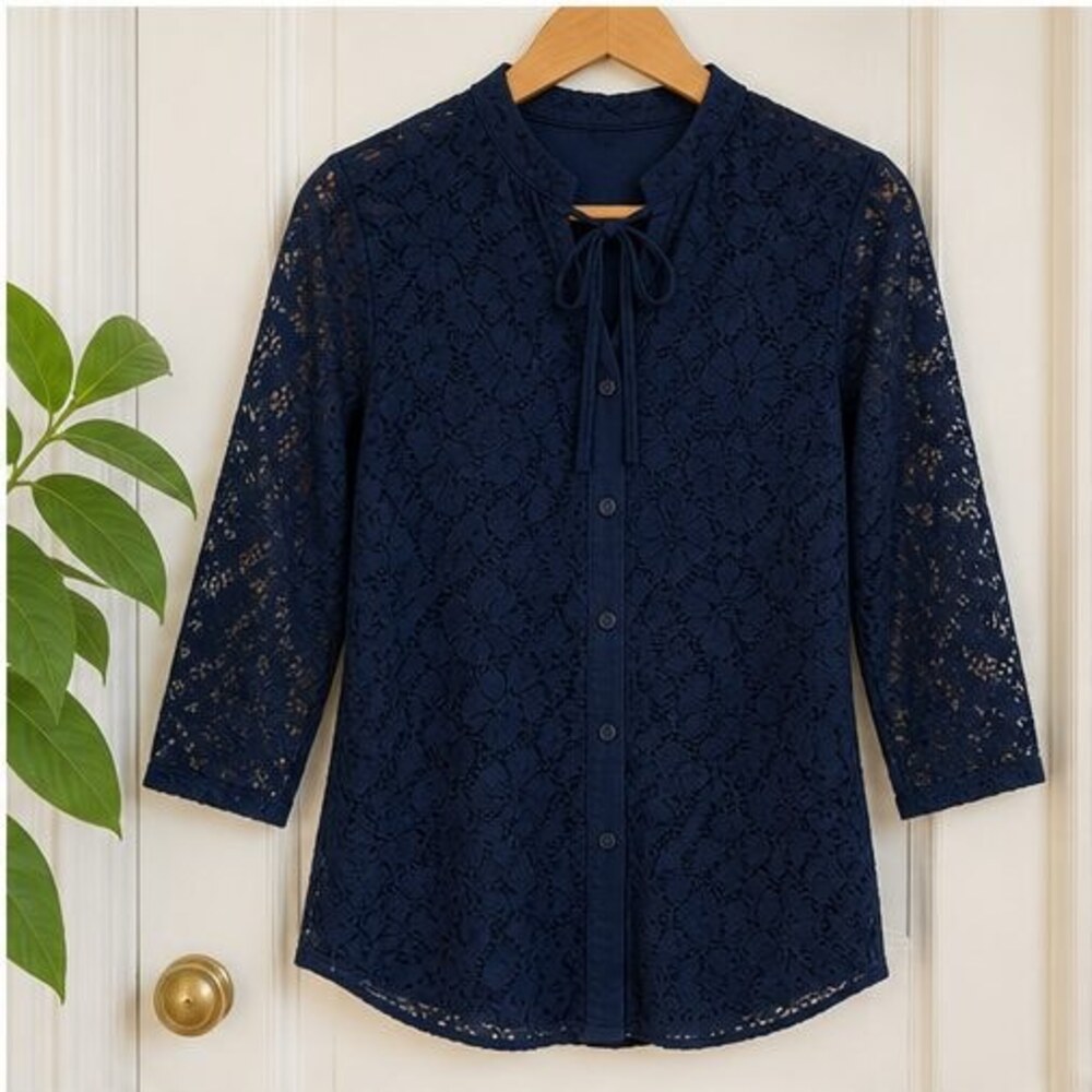 Navy Tie Neck Blouse